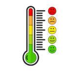 Thermometer, measurement of mood, indicator, increase in the level of emotions. Cute cartoon icons. Indicators of warmth and cold. Happiness, smiles, anger. Isolated, flat image. Vector illustration.